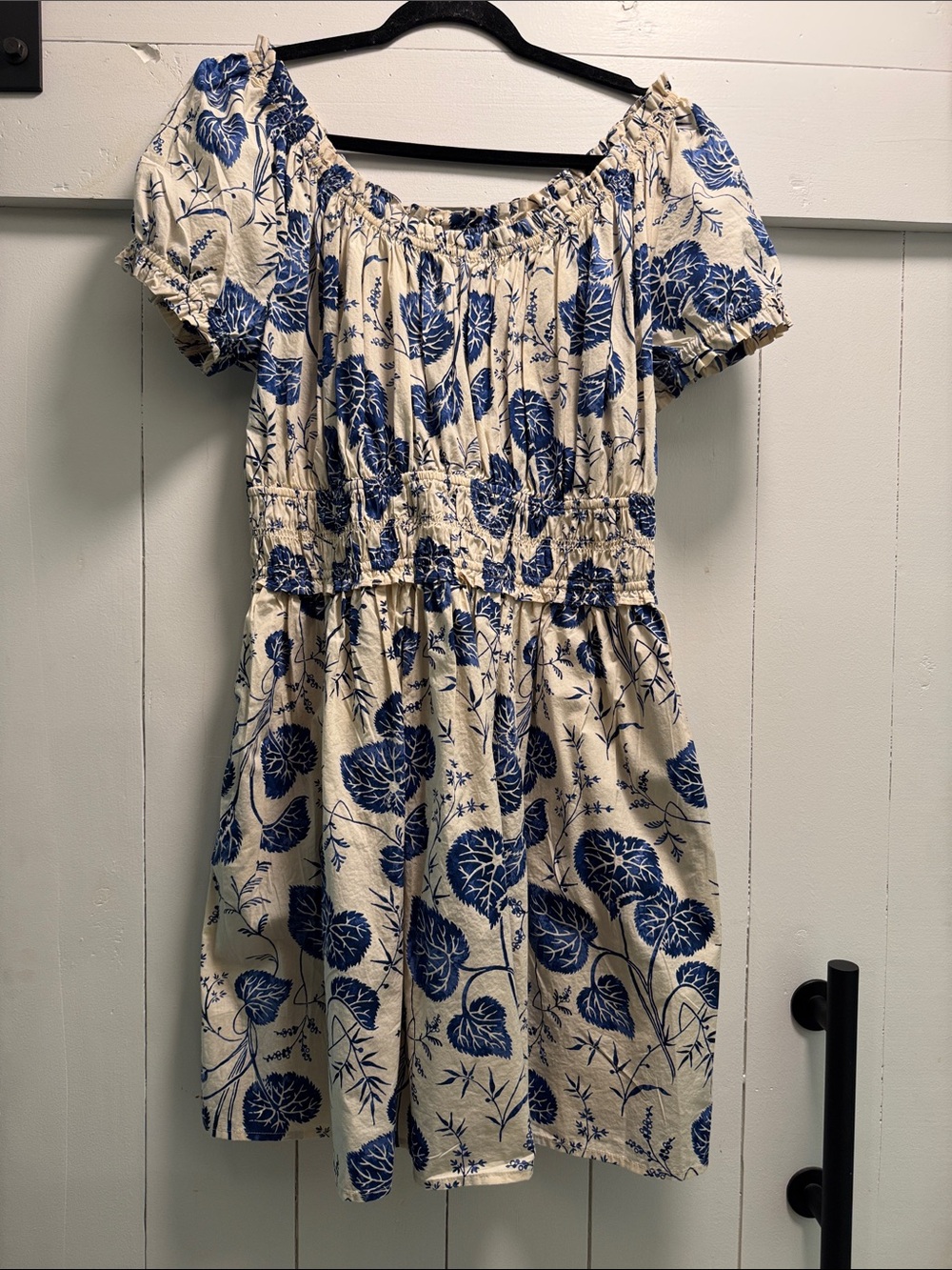 Time & Tru Mini Smocked Peasant Dress Puff Sleeves Large L 12 14 Blue Flowers
